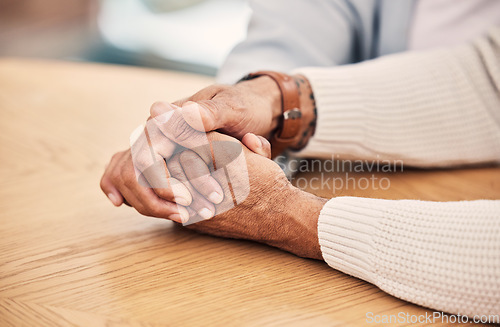 Image of Senior, love and couple holding hands in support or help of health crisis, cancer or mental health problem. Old people, empathy and solidarity in depression, anxiety or trust, hope or sorry comfort