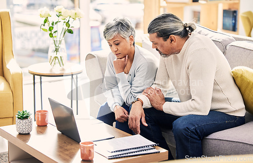 Image of Computer, thinking and senior couple planning, finance documents and retirement funding or loan at home. Sofa, life insurance and asset management of elderly woman, man and debt stress on laptop