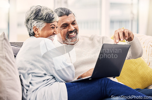 Image of Senior, laptop or happy couple streaming comedy videos on tablet in retirement at home together. Love, old woman or elderly man bonding, watching or laughing at a funny movie or film in living room