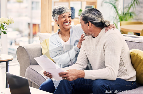 Image of Financial, senior or happy couple laughing with documents in home for retirement savings or pension planning. Profit growth, investment growth or mature man with funny woman for house budget together