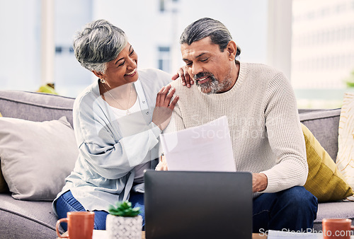 Image of Retirement, planning and couple with documents, laptop and finance, taxes or investment goals on sofa at home. Talking, happy and senior people with life insurance and asset management on computer