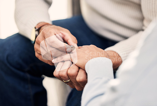 Image of Love, hands and senior couple with wedding ring for proposal, romance and solidarity. Marriage, band and old people together for reconciliation, commitment and forever, promise and unity with trust