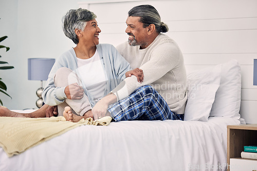 Image of Old couple in bedroom together, hug with love and comfort, morning routine and happiness with bonding at home. Retirement, relax and communication, marriage and life partner with people in bed