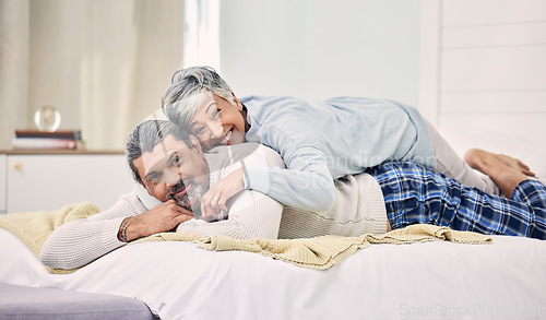 Image of Portrait, happy or old couple in bedroom to relax, enjoy romance or morning together at home. Affection, senior woman or elderly man laughing or bonding with love, support or smile in retirement