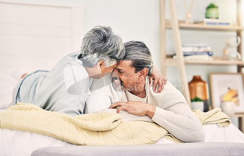 Image of Love forehead or old couple in bedroom to relax, enjoy romance or morning time together at home. Compassion, senior woman or happy elderly man hugging or bonding with support or smile in retirement