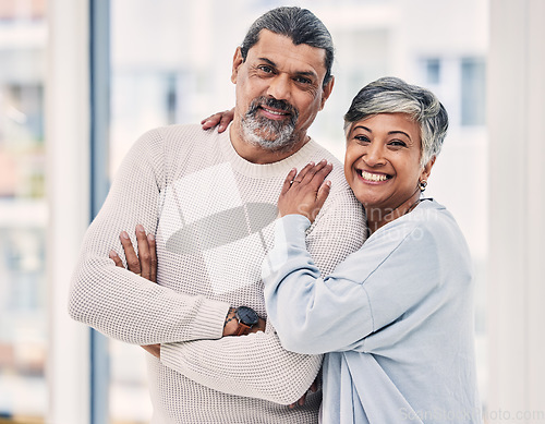 Image of Portrait, smile and senior couple with arms crossed in house to relax in retirement home together. Face, happy and elderly man and woman with confidence, love and care, trust and support for loyalty