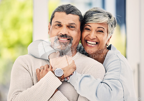 Image of Senior couple, hug with love and portrait, comfort and happiness, bonding at home. Retirement, relax and face of man with woman, marriage and life partner at house, trust and care with relationship