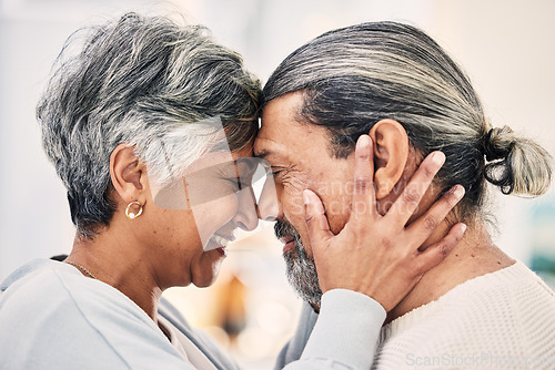 Image of Love, forehead or happy old couple in home with support, care or joy bonding together on holiday. Compassion, elderly man or senior woman with romance or solidarity in retirement in house living room