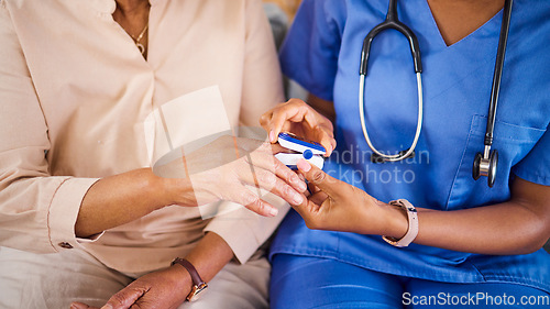 Image of Oximeter, hands and senior people with nurse for clinic, hospital or healthcare service and support. Blood oxygen test, pulse monitor and elderly patient finger with medical person or doctor helping