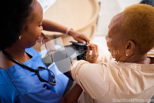 Image of Senior woman, nurse and check blood pressure, caregiver and wellness, health and medicine at nursing home. Female people, homecare and cardiovascular healthcare, help and support with rehabilitation