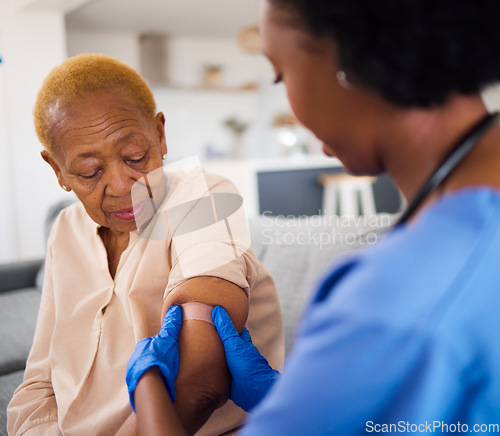 Image of Senior person, doctor and plaster for arm vaccine, medical and healthcare treatment for virus safety, flu and wellness. Black woman, elderly patient and nurse with injection bandage in nursing home