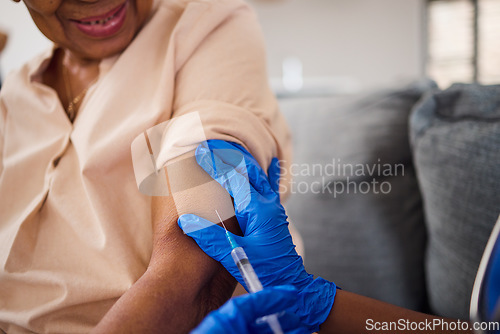 Image of Hands, nurse and syringe for arm vaccine, medical and healthcare treatment for virus safety, flu and home wellness. Patient, doctor and woman with injection needle for medicine, covid and vitamin