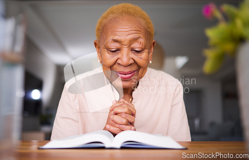 Image of Home, prayer and old woman reading a bible, calm and peace with happiness, holy worship and support. Scripture, elderly female person and senior lady with faith, spiritual and hope in Christianity