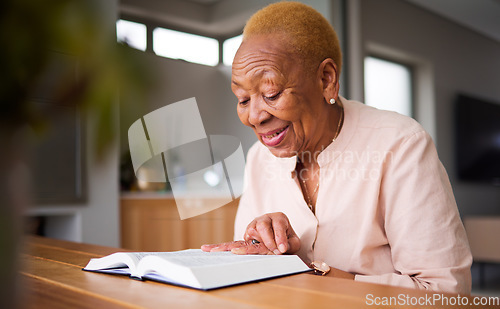 Image of Home, spiritual and old woman reading a bible, faith and peace with religion, holy worship and calm. Scripture, elderly female person and senior lady with hope in Christianity, support and happiness