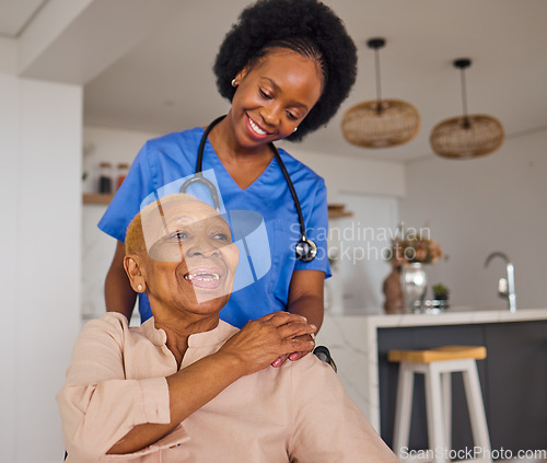 Image of Black people, nurse and senior patient in elderly care, wheelchair and healthcare at home. Happy African female medical professional or caregiver helping old age person with a disability in the house