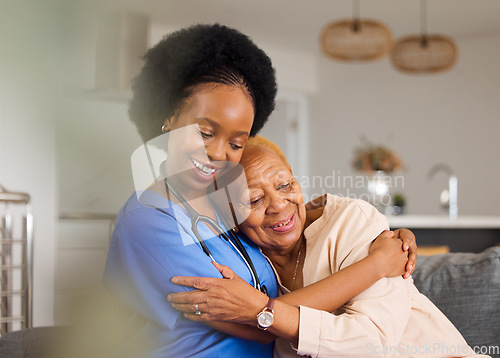 Image of Black people, hug and nurse in elderly care for support, trust or healthcare in old age home. Happy African female person, caregiver or medical professional with senior patient in retirement on sofa