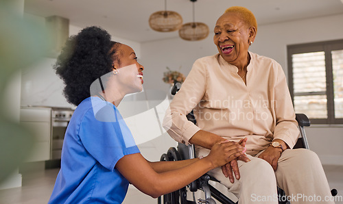 Image of Black people, nurse and senior holding hands in wheelchair, elderly care and healthcare at home. Happy African female medical caregiver helping old age person with a disability or patient in house