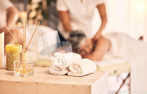 Image of Spa massage, aroma candle stick and woman at beauty salon for wellness, spiritual service and physiotherapy. Scent smell, aromatherapy incense or relax person with zen peace, calm or masseuse support