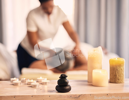 Image of Massage candles, beauty spa aroma or woman at physiotherapy salon for wellness, spiritual service and body healing. Stress relief, aromatherapy flame or relax person with peace, calm or masseuse help