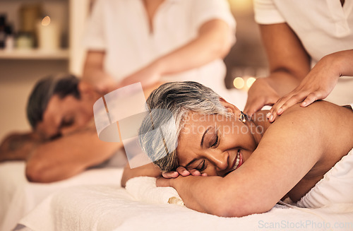 Image of Relax, retirement and a couple at the spa for a massage together for peace, wellness or bonding. Luxury, hospitality or body care with a senior woman and man in a beauty salon for physical therapy