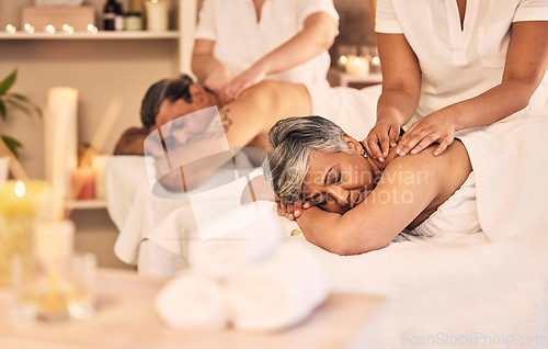 Image of Relax, hands and an old couple at the spa for a massage together for peace, wellness or bonding. Luxury, treatment or body care with a senior woman and man in a beauty salon for physical therapy