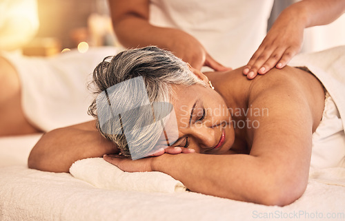 Image of Face, woman and back massage at spa for healing muscle, skincare treatment or holistic therapy at beauty salon. Calm, relax and mature female client at wellness resort for peace, zen or cosmetic care