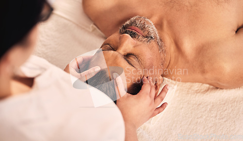 Image of Man, spa and head massage for skincare treatment, holistic therapy and zen healing at beauty salon from above. Mature male person relax at wellness retreat for self care, peace and facial acupressure