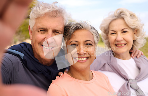 Image of Senior runner friends, outdoor selfie and smile for fitness, portrait and diversity for social media. Elderly man, women and photography for memory, blog or profile picture for exercise in retirement