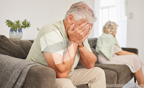 Image of Man, sad and crying in fight, divorce and stress of breakup, shame and mistake on sofa. Frustrated, depression and emotional couple in conflict, crisis and problem of drama, anxiety and marriage fail