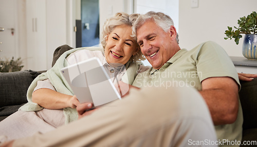 Image of Senior man, woman or tablet on sofa to download news app, reading social media post or ebook. Happy elderly couple scroll website on digital technology, internet blog or online shopping in retirement