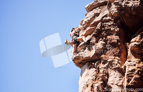 Image of Fitness, rock climbing and space with woman on mountain for sports, adventure and challenge. Fearless, workout and hiking with person on training cliff for travel, freedom and exercise mockup