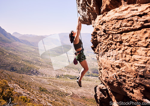 Image of Sports, rock climbing and training with woman on mountain for fitness, adventure and challenge. Rope, workout and health with person on cliff in nature for travel, freedom and exercise mockup