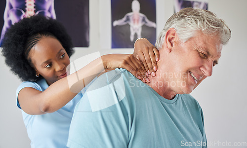 Image of Healthcare, neck pain and a black woman chiropractor with a patient in her office for rehabilitation treatment. Medical, injury and a senior man with a female medicine professional for physiotherapy