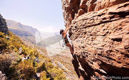 Image of Fitness, rock climbing and explore with woman on mountain for sports, adventure and challenge. Health, workout and hiking with person training on cliff for travel, freedom and exercise mockup