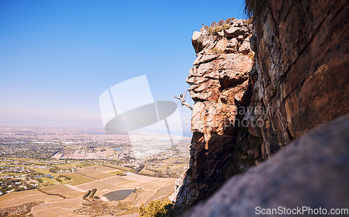 Image of Sports, rock climbing and space with man on mountain for fitness, adventure and challenge. Fearless, workout and hiking with person on training cliff for travel, freedom and exercise mockup