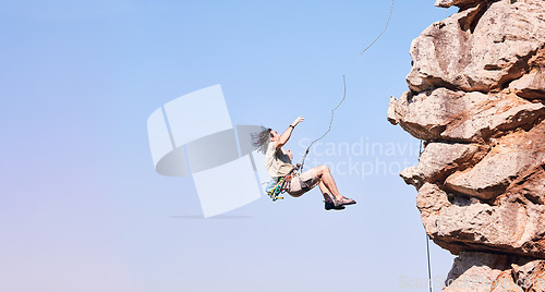 Image of Jump, rock climbing and space with man on mountain for fitness, adventure and challenge. Rope, workout and hiking with person training on cliff in nature for travel, freedom and exercise mockup