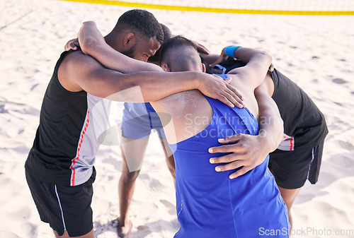 Image of Teamwork, beach or men in huddle with volleyball strategy for sports motivation, mission or support in summer. Fitness, match or group of athletes planning for goals, target or training game outdoors