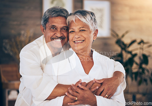 Image of Happy, hug and portrait of old couple in spa for retirement, beauty treatment and skincare. Wellness, smile and love with senior man and woman relax in salon for massage, hospitality and vacation