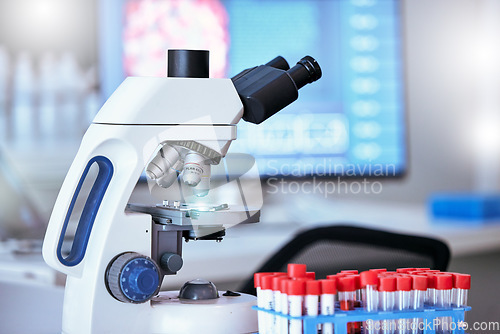 Image of Medical, blood sample and microscope in laboratory for research, DNA testing and examination. Healthcare, biotechnology and science equipment for vaccine development, analysis and medicine discovery