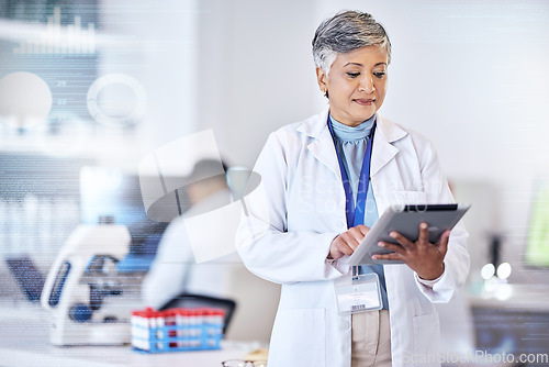Image of Senior scientist, woman with tablet and overlay, code with digital science data for medical research in lab. Biotech, female doctor with scientific experiment results and analytics from investigation