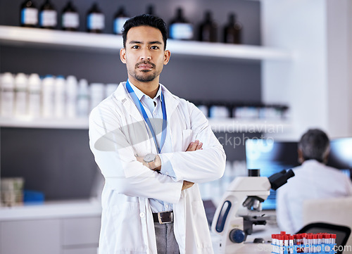 Image of Lab, research and portrait of man scientist serious for innovation and medical vaccine development in a laboratory. Expert, focus and professional in a pharmaceutical facility with motivation