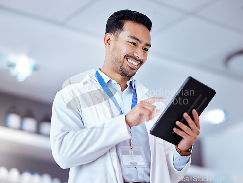 Image of Science, tablet and man in laboratory for research, data analytics and study results. Healthcare, biotechnology and happy male scientist on digital tech for medical analysis, innovation and medicine