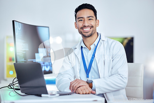 Image of Scientist, portrait and man at laptop, smile and laboratory for medical development, innovation and online test. Happy asian male researcher working on computer data, science report and biotechnology