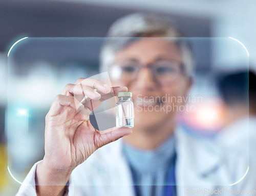 Image of Medicine, vaccine and hologram with woman in laboratory for science, pharmacy and research. Medical, healthcare and doctor with scientist and cure in clinic for virus, treatment and antibiotics