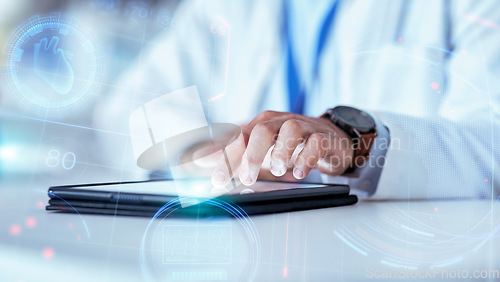 Image of Scientist hand, tablet and hologram in laboratory with typing, chart data and 3d overlay for pharma development. Pharmaceutical person, digital touchscreen and press on holographic dashboard for info