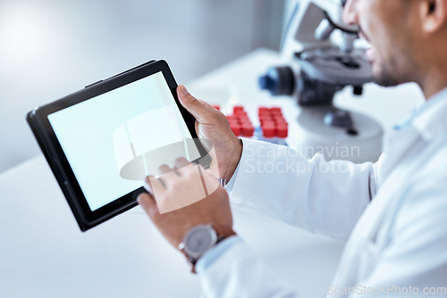 Image of Scientist hand, tablet screen and laboratory with mockup space, typing or research on app for pharma development. Pharmaceutical expert man, digital touchscreen or search for innovation in healthcare