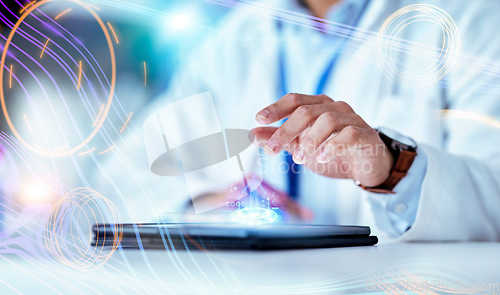 Image of Science, hand and tablet with hologram in laboratory with typing, data and 3d human body for pharma development. Medical person, digital touchscreen and studying with holographic overlay for anatomy