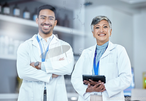 Image of Science, tablet and portrait of a team of scientists standing with confidence in laboratory. Happy, medical and scientific researchers with digital technology working on biology project or experiment