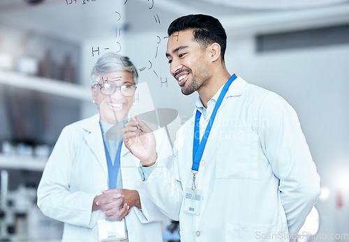 Image of Scientist, team and equation on glass board, brainstorming with medical research, chemistry or physics. Man, senior woman and science collaboration with formula, information and happy people in lab