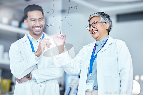 Image of Science, happy and scientists planning on board for chemistry innovation in collaboration. Pharmaceutical, medical and scientific researchers working on project, research or experiment in laboratory.